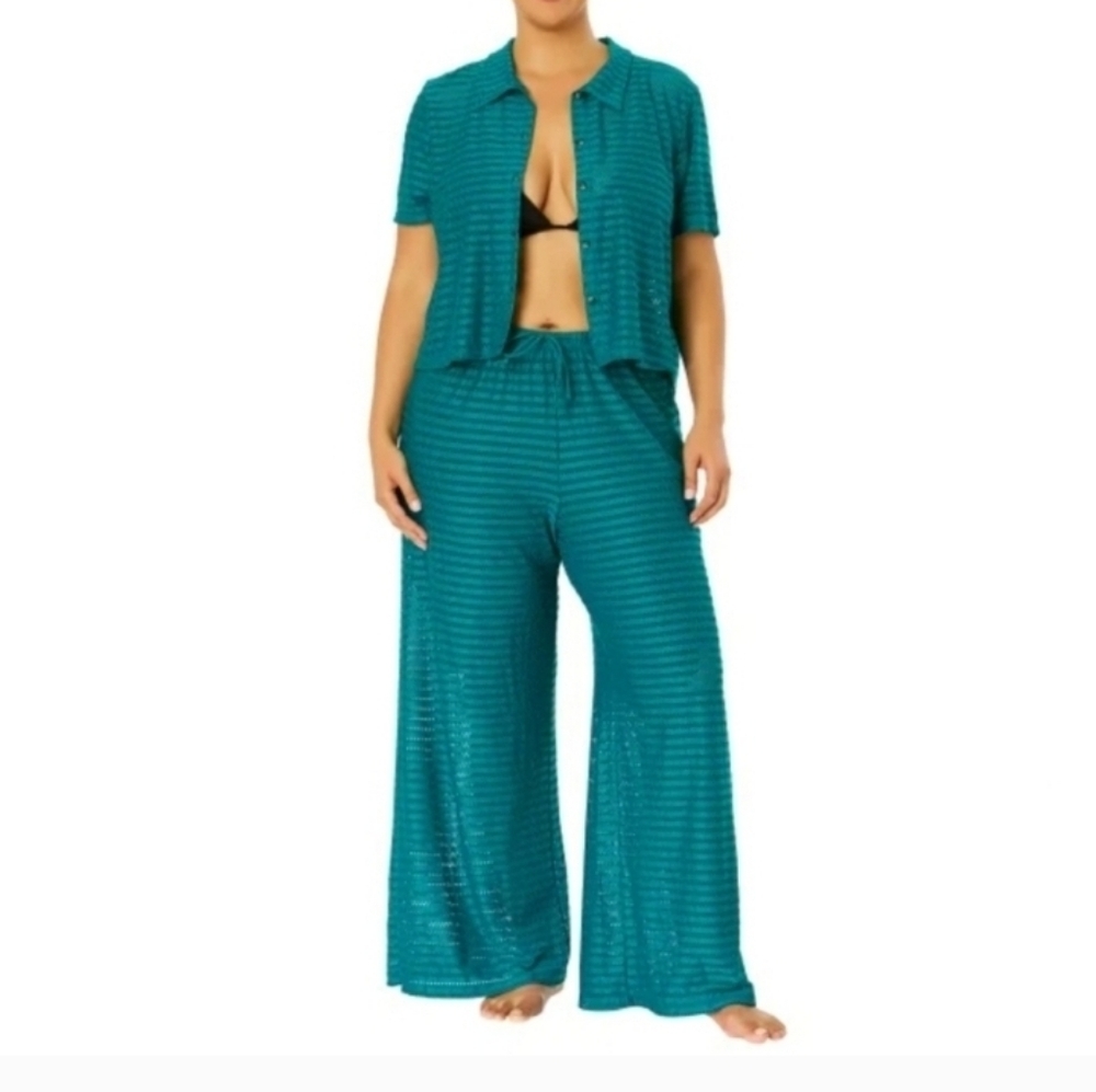 Hurley Women's Swim 2-Piece Cover-Up Set  Lightweight Crochet Fabric Teal